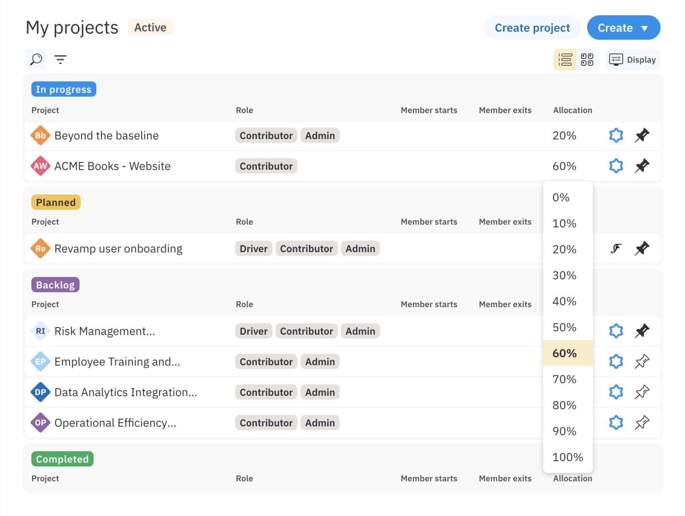 Member project overview with capacity
